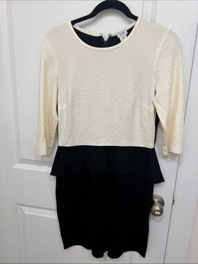 Cache Two-Tone Black and Cream Peplum Midi Dress